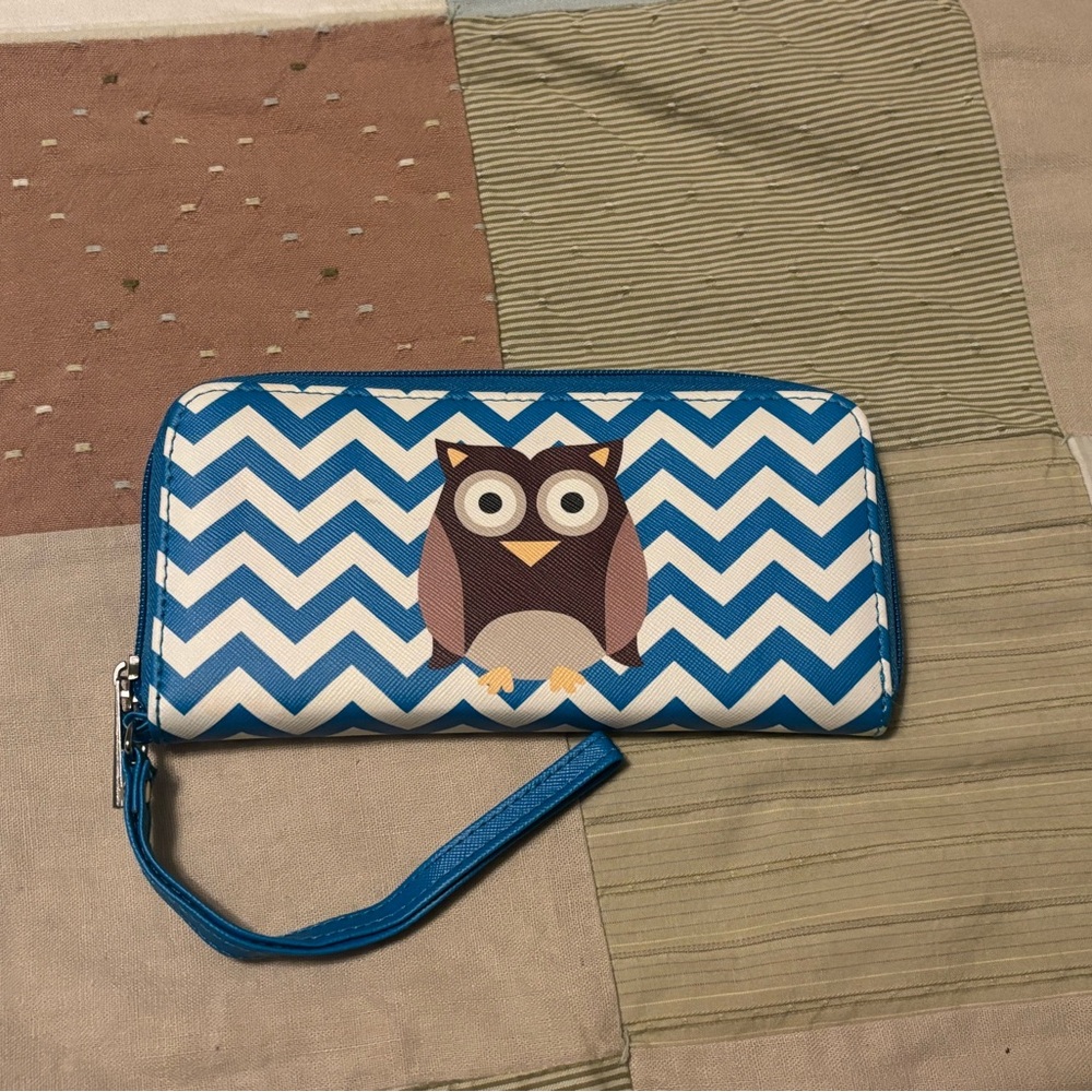 Owl Print Blue Chevron Wristlet Wallet